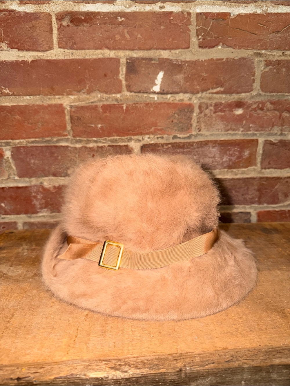 Rare Kangol Faux Fur Bucket Hat in Light Beige with Ribbon